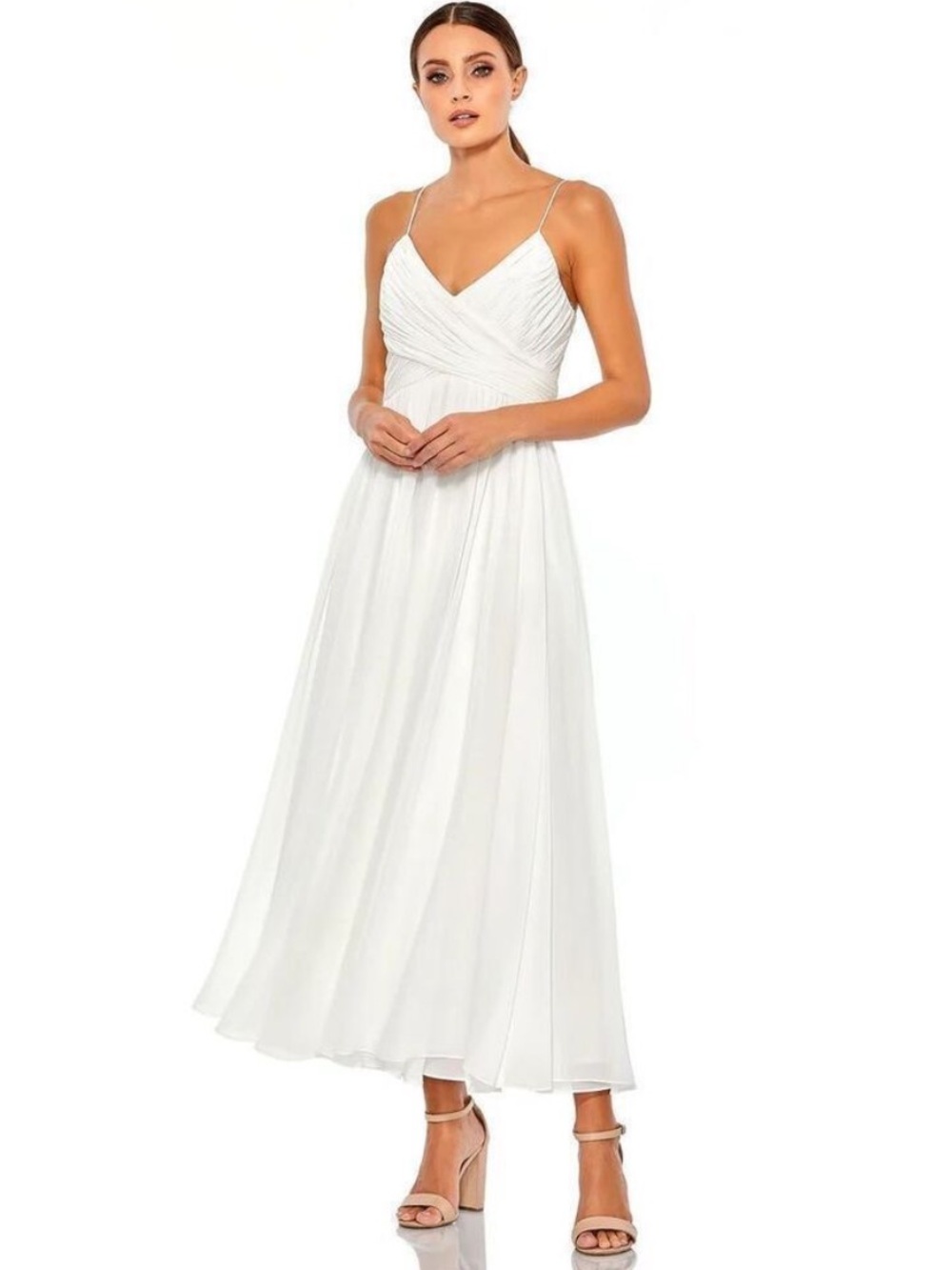 IEENA for Mac Duggal Faux Wrap Sleeveless White Flowy Midi Dress S